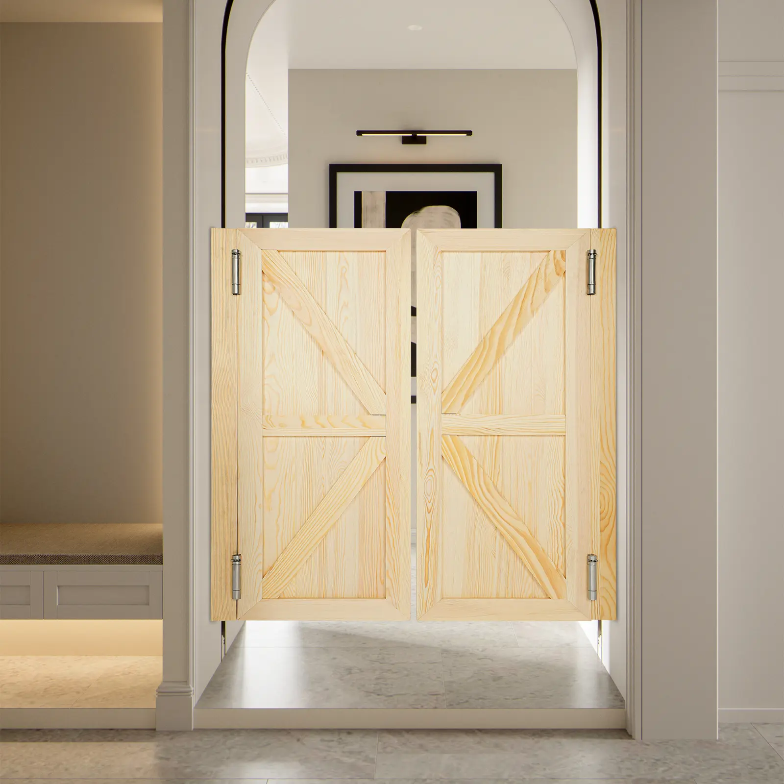 CNCEST 2-Panel Classic Wooden Swinging Door - Log Color, 35mm Thick Polished Panels, 180° Bi-Directional Hinges, Auto-Close, Automatic Return, Keep Open Design, Easy Cleaning, 90*40cm, for Restaurants, Kitchens