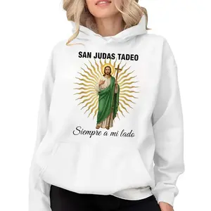 [Made in USA] San Judas Tadeo Siempre A Mi Lado Hoodie, Catholic Saint Jude Vintage Graphic Pullover Hoodie, Christian Faith Aesthetic Religious Hoodie, Church Outfit Pullover, Saint Jude Devotional Gift For Men Women.