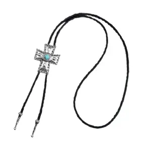 Western Cowboy Bolo Tie Punk Leather Necktie with Metal Crosses Stone Pendant