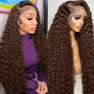 LALULA 200% Density Mongolian Curly Lace Front Wigs Human Hair 13x6 Auburn Brown HD Transparent Lace Front Wigs Human Hair for Women With Baby Hair Chocolate Deep Curly Lace Frontal Wig