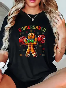 100% Cotton Unisex Gingershred Funny Gingerbread Man Gym Bodybuilding Christmas T-Shirt，Autumn Women's T-shirt Christmas Happy Letter Snowflake Fun Pattern
