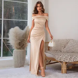 YJ24467G1K-Womens Satin One Shoulder Bodycon Elegant Party Gown Plain Sleeveless Backless Off-Shoulder Slim-fitting Split Midi Dresses