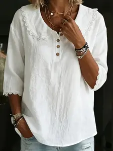 Women's Fresh Vacation Style Top Blouse, Lace Babydoll Collar Linen Texture Loose Shirt, Half Button Commuter Casual Literary Style
