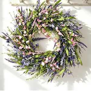 18-Inch Decorative Floral Lavender Wreath for Front Door, Artificial Flowers and Greenery, Spring Farmhouse Rustic Home Wall Decor, Home Decor Accessory