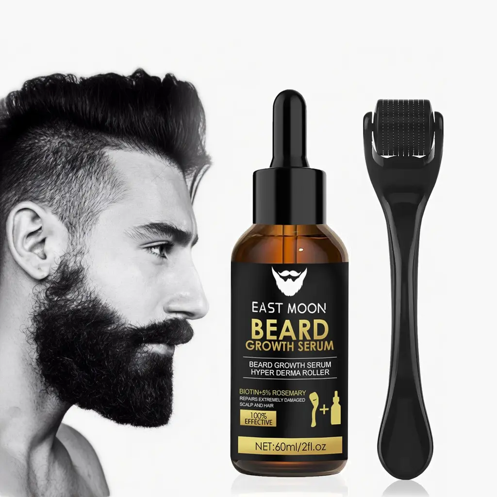 Beard Roller Set with Castor Oil Serum for Fuller Beard Growth, 540-Needle Stainless Steel Derma Roller for Men's Hair Care, Derma Roller Hair Growth