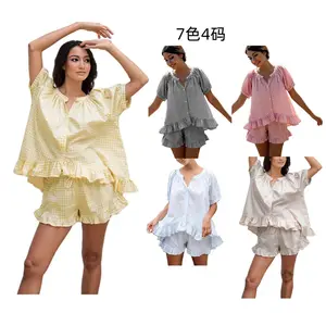 Women's Set: Ruffled Buttoned Round Neck Short Sleeve Top + Pants Set, Casual Plaid Pajamas