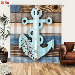 2D Flat Nautical Coastal Anchor Curtain 2-Piece Set, Light Blue & Brown Rustic Anchor Decor with Wooden Plank Background Textured Window Drapes for Living Room Bedroom, Weathered Metal Anchor Design, Hanging Tag Decorative Curtains