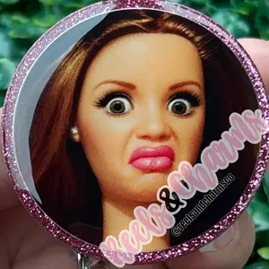 cringe face badge reel, hot pink glitter