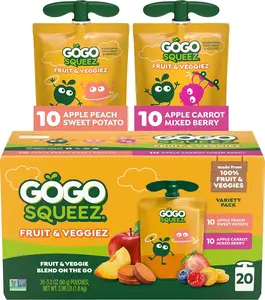 GoGo squeeZ Fruit & veggieZ Applesauce and Puree Variety Pack, Pedal Peach and Boulder Berry, 3.2 oz (Pack of 20), Unsweetened Snacks for Kids, BPA Free Pouches (Packaging May Vary)