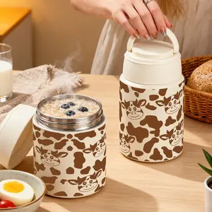 1pc 27/17oz Insulated Food Jar with Cute Cow Print Design, Lunch Vacuum Soup Thermos For Hot Food with Inserts Stackable Bento Box Storage Container,Width Mouth Stainless Steel Portable Insulated Food Jar