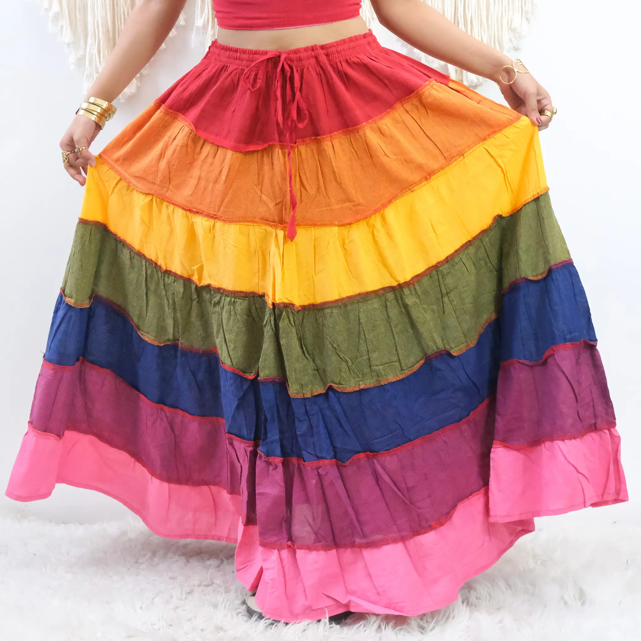 Rainbow Tiered Maxi Skirt with Pockets, Pride Colorful Cotton Skirts, Free Spirit Festival Summer Skirts