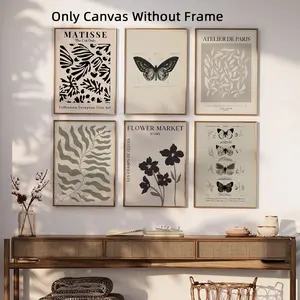 6Pcs/Set Unframed Vintage Butterfly Floral Print Canvas Poster, Unframed Painting, Abstract Matisse Wall Art, Retro Room Decor, Waterproof Canvas Wall Art, Wall Decor Pictures for Home, Dormitory Decoration, Vintage Prints