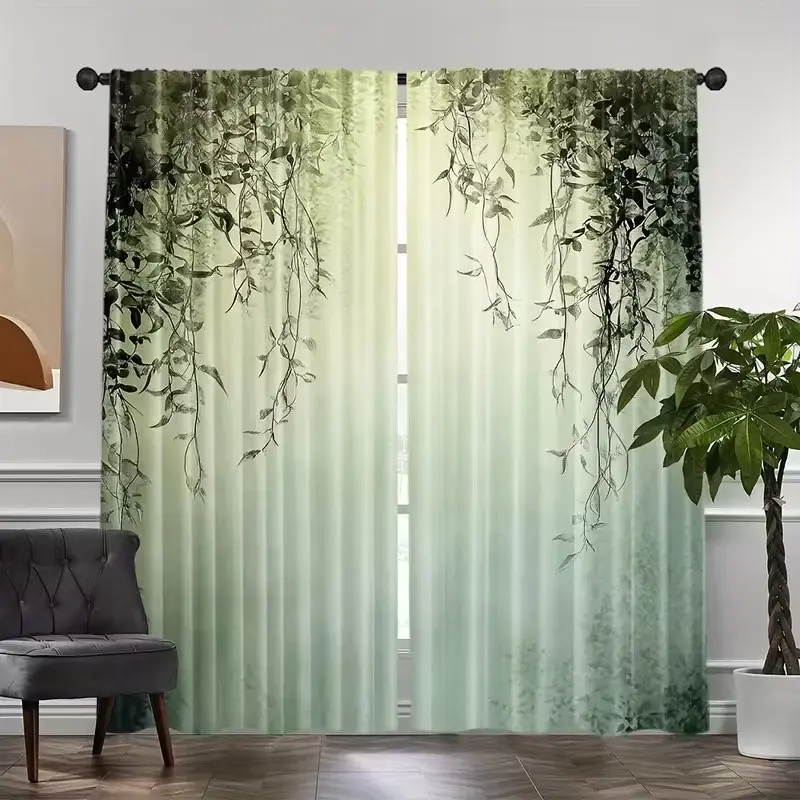 2-Piece Willow Print Curtains, Willow Pattern Curtains, Fashionable Rod Pocket Window Drapes for Bedroom & Living Room, Home Decorative Curtain, Home Decoration Curtain, Lightweight Curtains, Comfortable Atmosphere, Easy Installation