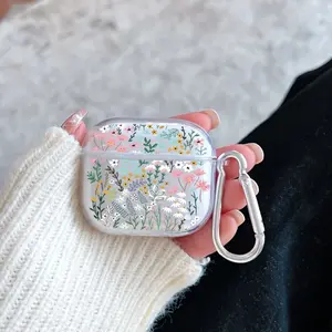 Floral Whimsy Dream Pattern Protective Case for AirPods 4/3/2/1/Pro/Pro2 Soft TPU Earphone Cover, Transparent with Keychain