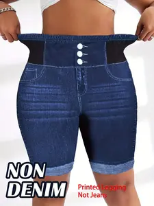 Women's Printed Leggings Non-Denim Fabric, Basic Casual Fashion Tight Shorts, Elastic Fake Jeans Print, All-Season Comfort