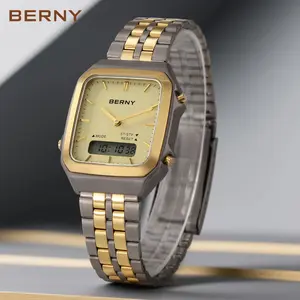 BERNY Square Gold Titanium Watches for Men Dual Digital Analog Display Men's Quartz Wrist Watch 3ATM Waterproof 12/24 Hour Date Alarm Stopwatch Lightweight Retro Modern Design Casual Business Gift, Reloj de Hombre, Father's Day, Summervibes