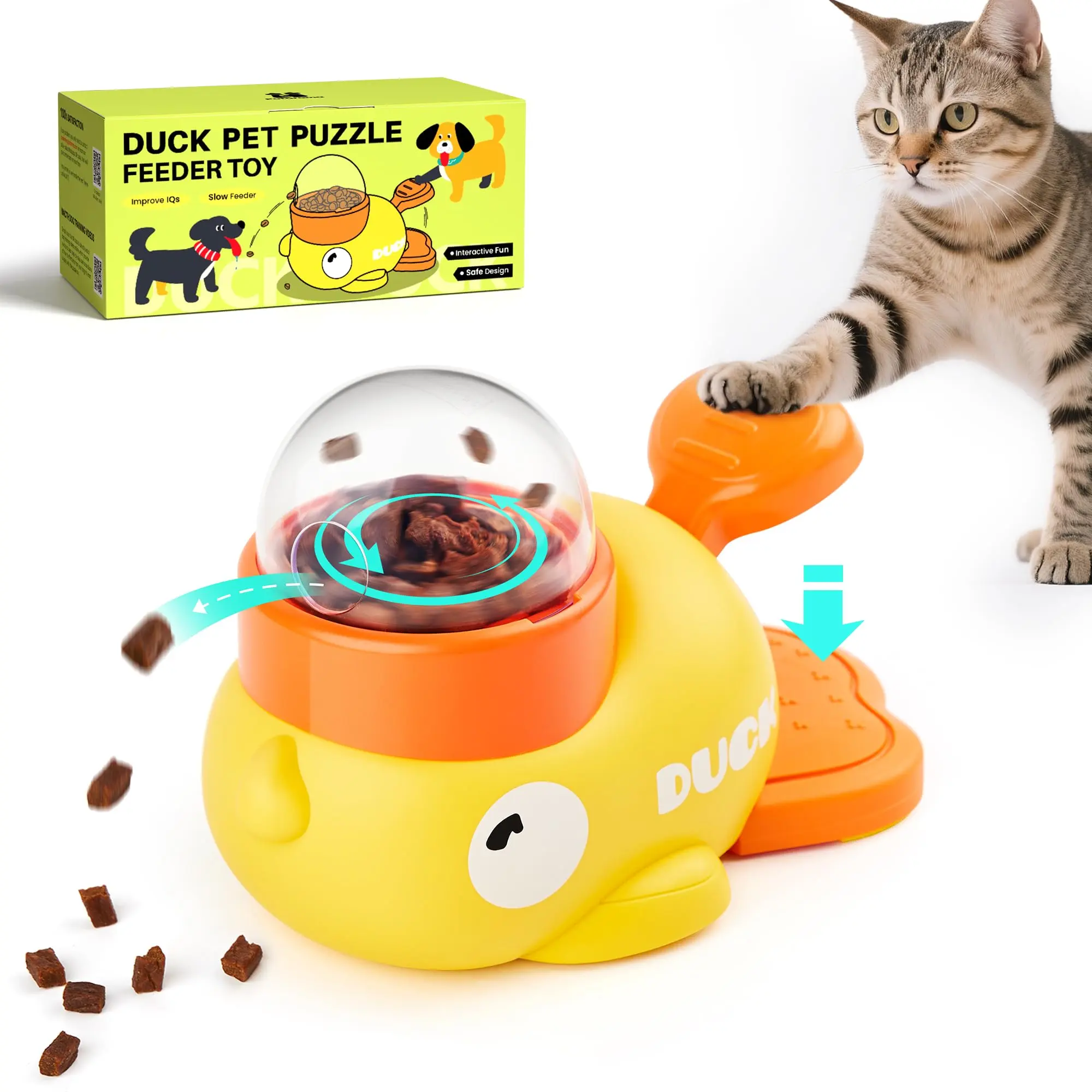 Interactive Dog & Cat Toy - Cute Yellow Duck Polyethylene Treat Dispenser, Automatic Food Drop Puzzle Feeding Tray for Training, Slow Feeding, Daily Enrichment & Enhances Intelligence