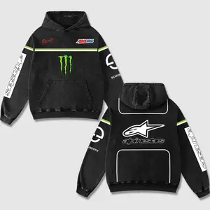 Retro Amzoil x Monster Energy Racing Washed Hoodie Motor World Champion Enthusiast Apparel Streetwear Helmet Racing Team Super Motorsports Clothing Riders Motocross Off-Road Dirt Bike Fan Gear Cotton For Motor Fan