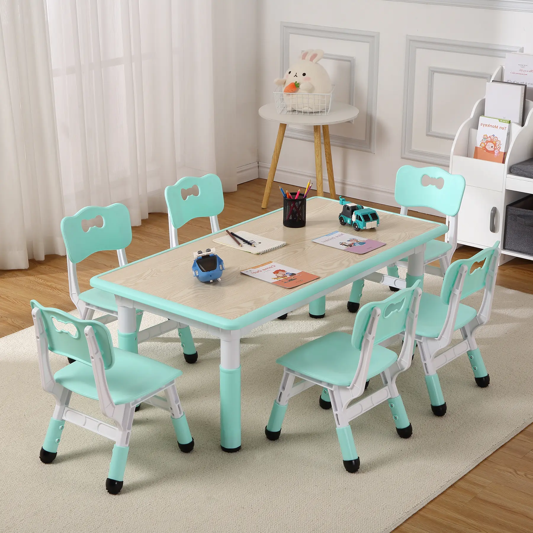 Adjustable Height-Adjustable Children's Table & 6-Chairs Set - Ergonomic Multi-Activity Desk with Easy-Clean, Scratch-Resistant Top, Non-Slip Legs, Ideal for Classrooms, Playrooms