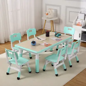 Adjustable Kids Table & 6 Chairs Set - Multi-Activity Desk with Graffiti-Resistant Surface, Non-Slip Legs, Ideal for Arts & Crafts, Study, Playroom, Study Area, or Home