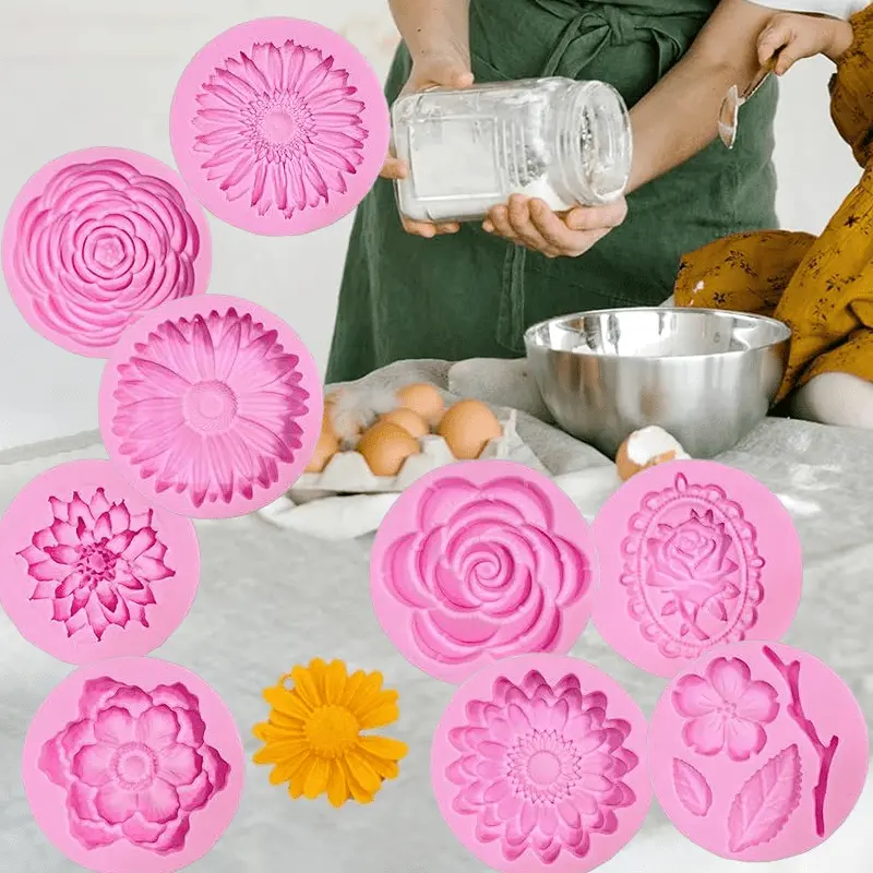 9-Pcs Floral Silicone Bakery Molds, Reusable Multi-Size Kitchen Bakeware Accessory with Easy Clean, Better Release Effect for Cupcake Dessert Decor, Fondant Baking, Chocolate Making, Reusable Mold