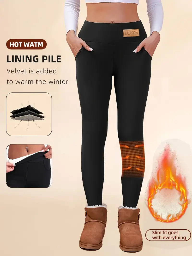 Women's Fleece-Lined Thermal Leggings, Form-Fitting Pants for Outdoor Sports and Casual Winter Wear, Fleece Lined Leggings, Everyday tiktokshopbacktoschool, Style, Polyester, Athleisure Wear