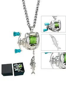 Miniature fishing reel necklace with rotating handle and movable line guide ring, spinning reel fishing gear keychain, spinning reel pendant, Trendy Charms Necklace, perfect for fishing enthusiast