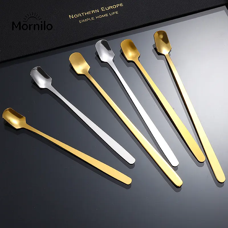 1Pcs/3Pcs Long-Handled Coffee Stirring Spoon With A Square-Tip Design; Suitable For Coffee, Iced Tea, Cocktails, Ice Cream, And Milkshakes; Ideal For Outdoor Camping And Picnics; An Essential Accessory For Coffee Bars; Dishwasher Safe