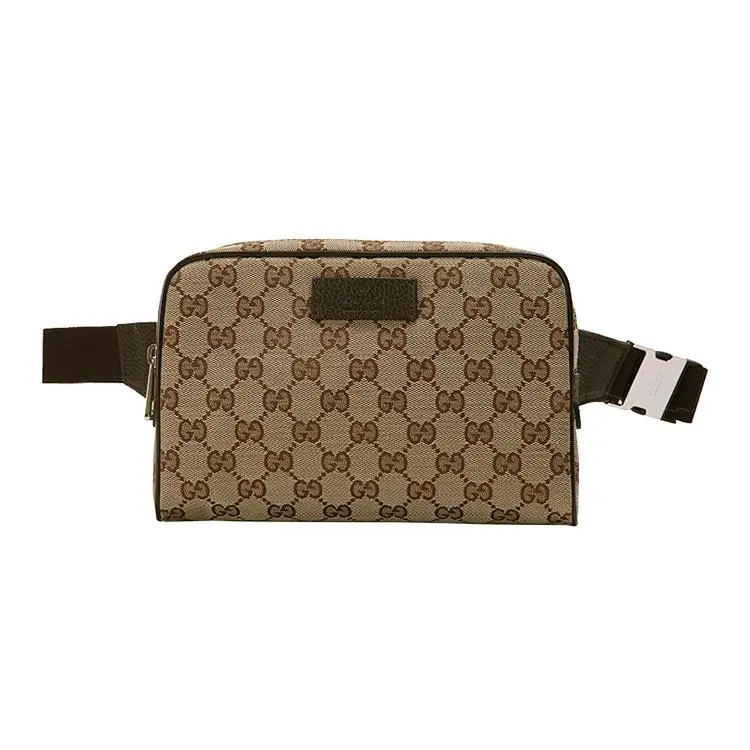 Gucci Logo Crossbody Fanny Pack for Men - Ebony Brown Canvas and Leather Bag with Zipper Closure, Versatile Chest Waist Bag