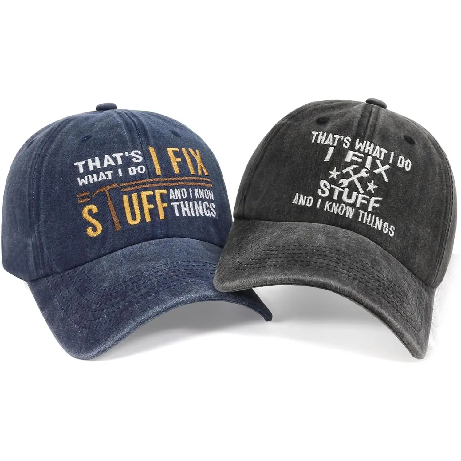 2Pcs Breathable Letter Print Baseball Caps with Ventilation Holes - Embroidered "I Fix Stuff and I Know Things" Dad Hats, Father’s Day Birthday Gifts for Men, Black+Blue, Adjustable, Casual, Pre-Curved Visor, Classic, Mechanics