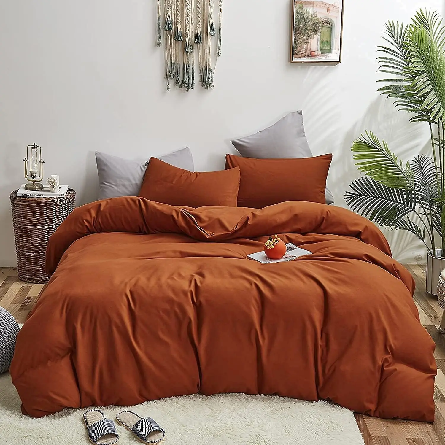 Queen Size Burnt Orange Comforter - Rust, Caramel, Terracotta, Reddish Orange Bedding, 3-Piece Minimalist Style Set, Portable, Skin-Friendly, Machine Washable