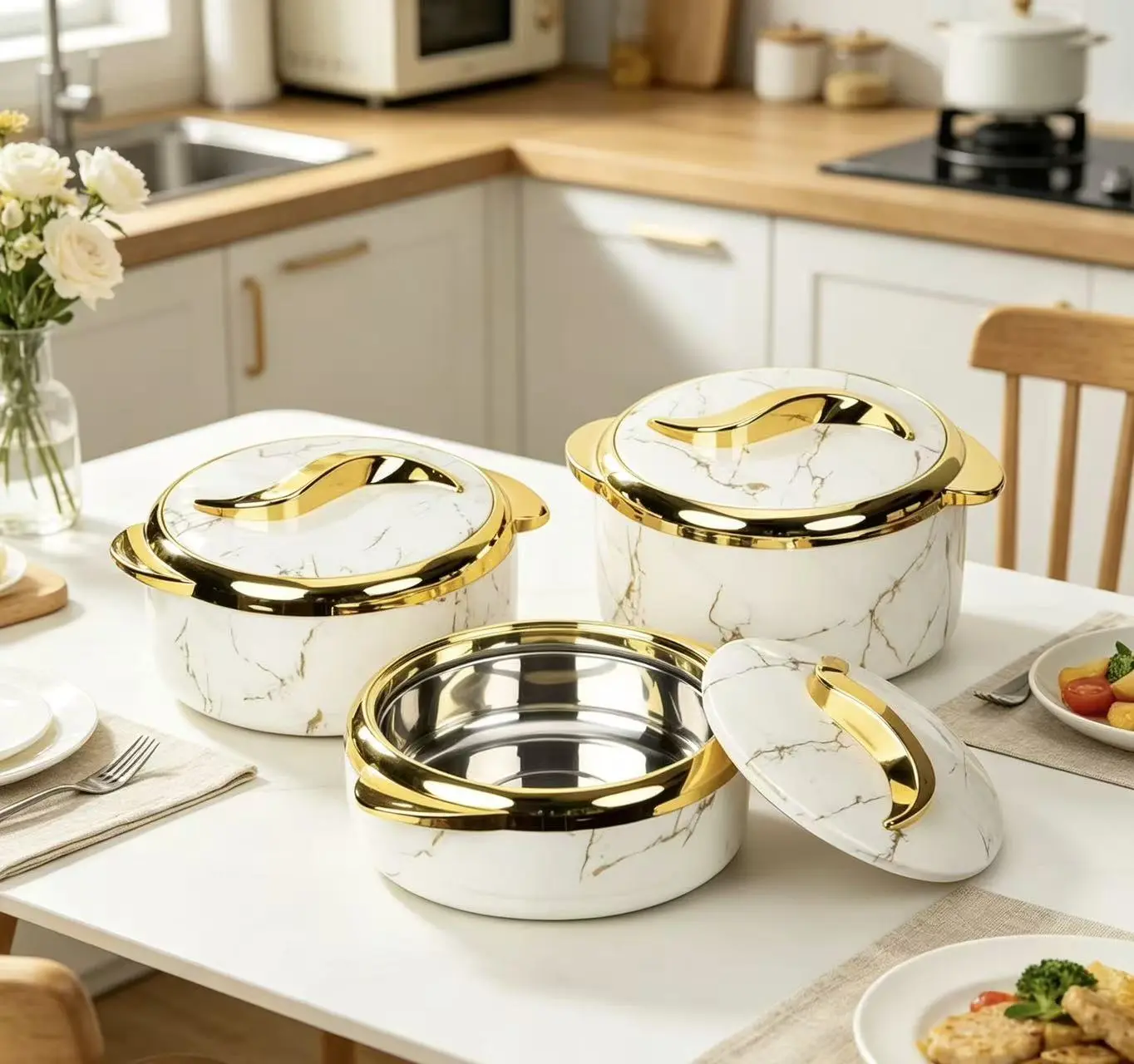 3-piece marble-patterned stainless steel food storage containers, large-capacity insulated meal set, food-grade insulated bowls, suitable for home use, daily use and outdoor picnics