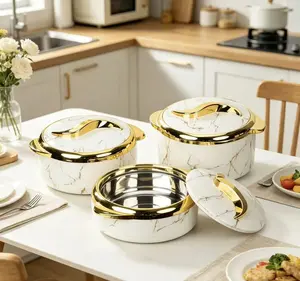 Marble-patterned luxury insulated kitchen set, made of stainless steel with a lid design, featuring large capacity, long-term heat and cold retention, suitable for family daily use, gatherings, outdoor dining, and buffets.