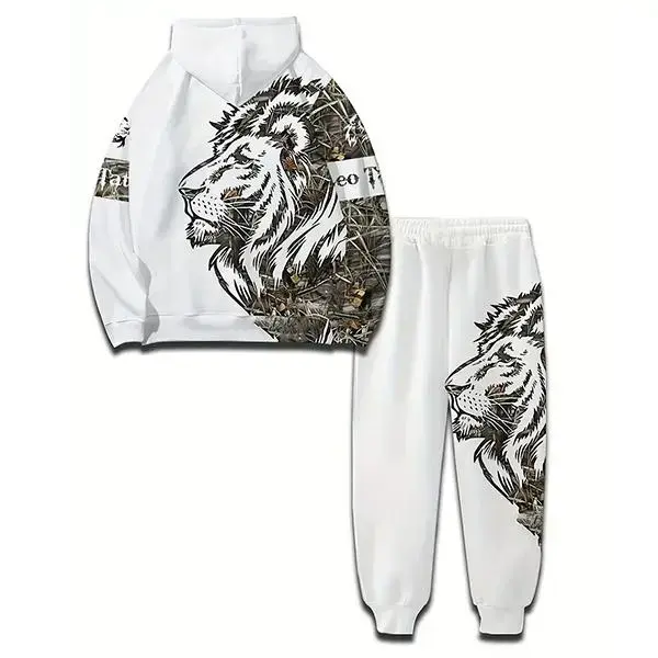 Men's Lion Print Sports Set: White Hoodie, Black Tiger Pattern, Kamo Sleeve Design, Street Costume Urban Fashion Set Men's Set, Upper Men's Lion Print Sports Set: White Hoodie, Black Tiger Pattern, Kamo Sleeve Design, Street Costume Urban Fashion Set Men's Set, Upper