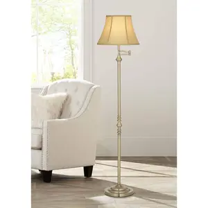 Regency Hill Montebello Traditional Adjustable Swing Arm Floor Lamp Standing 60" Tall Antique Brass Metal Column Golden Tan Bell Shade for Living Room Reading House Family Bedroom Home