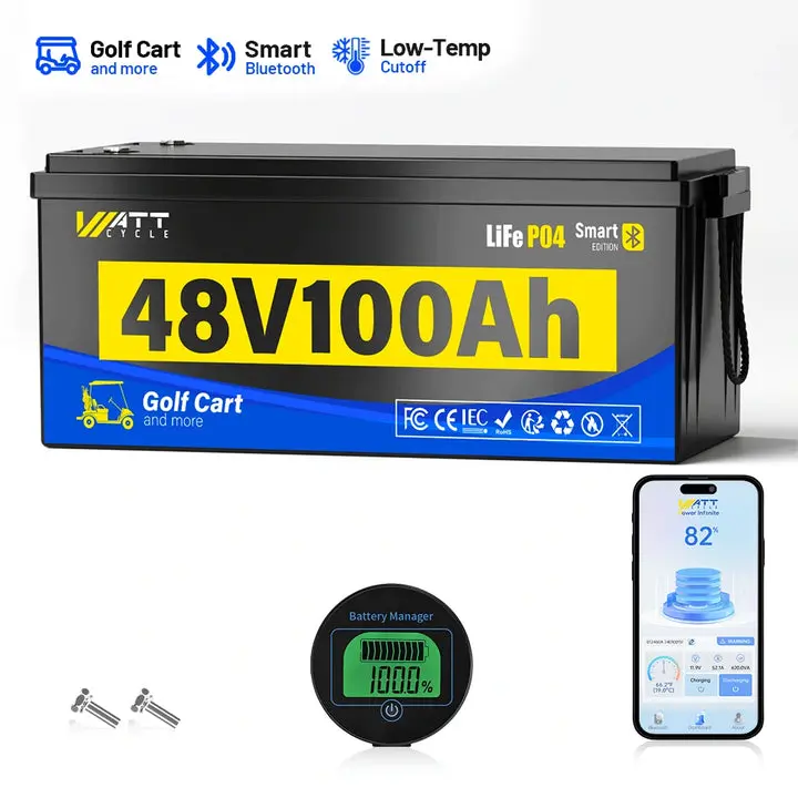 Wattcycle 48V 100Ah Golf Cart LiFePO4 Lithium Battery - 5120Wh Extended Capacity Long Lasting Battery, 200A BMS High Power Output, Bluetooth-Enabled, Extended Capacity Battery