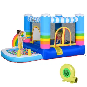 Outsunny 2-in-1 Inflatable Bounce House for Kids – Indoor/Outdoor Party Jumping Castle with Trampoline, Pool, Air Blower & Carry Bag