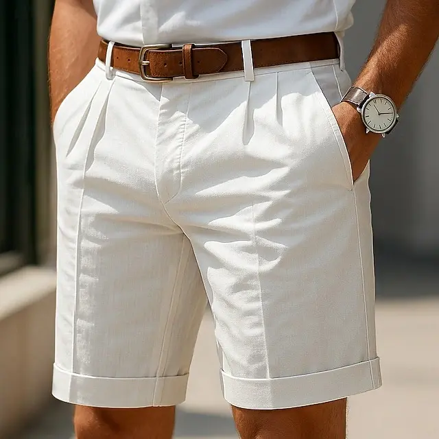 Men’s Cotton Bermuda Shorts, Pleated Straight Leg Dress Shorts with Rolled Cuffs, Business Casual Summer Bottoms for Office, Work, Golf & Daily Wear