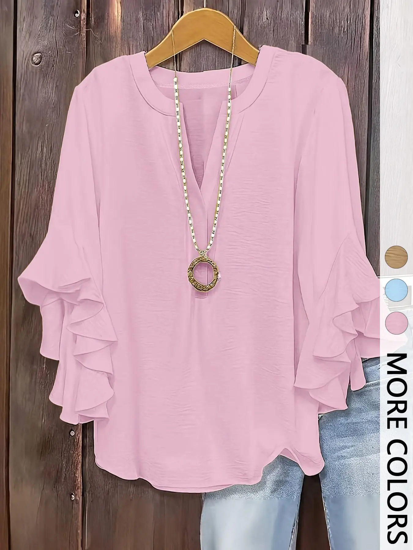 1-Piece V-Neck Half-Placket Ruffle Bell Sleeve Blouse, Casual Loose-Fit Shirt