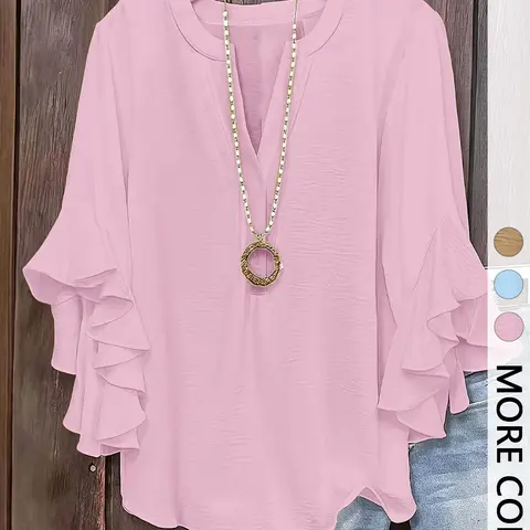 1-Piece V-Neck Half-Placket Ruffle Bell Sleeve Blouse, Casual Loose-Fit Shirt