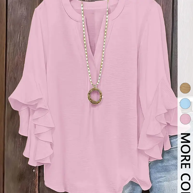 1-Piece V-Neck Half-Placket Ruffle Bell Sleeve Blouse, Casual Loose-Fit Shirt