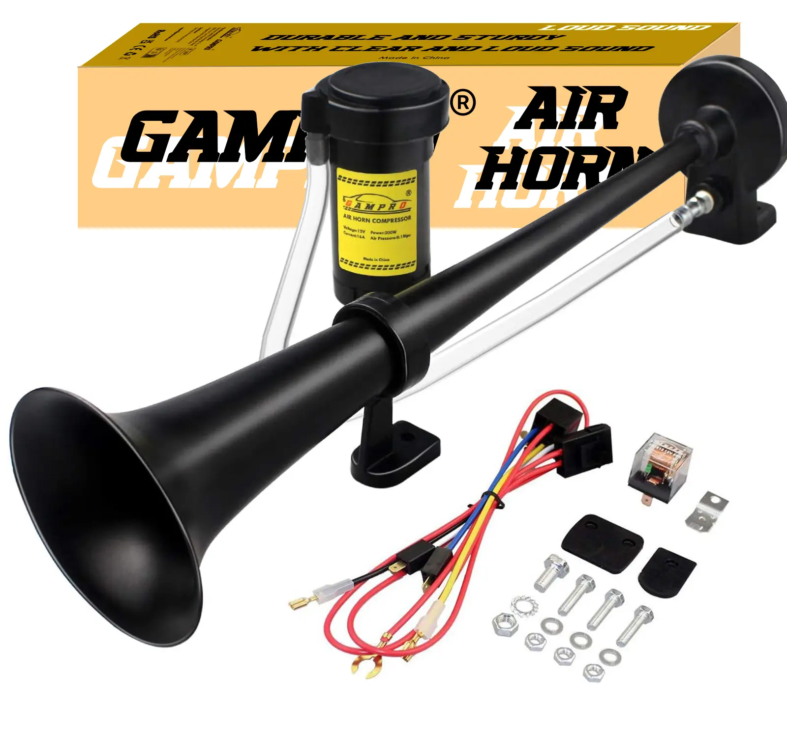GAMPRO 12V 130DB+ Car Air Horns Chrome Zinc Single Trumpet Truck Air Horn with Compressor for Any 12V Vehicles Trucks Lorrys Trains Boats Cars Car Accessories