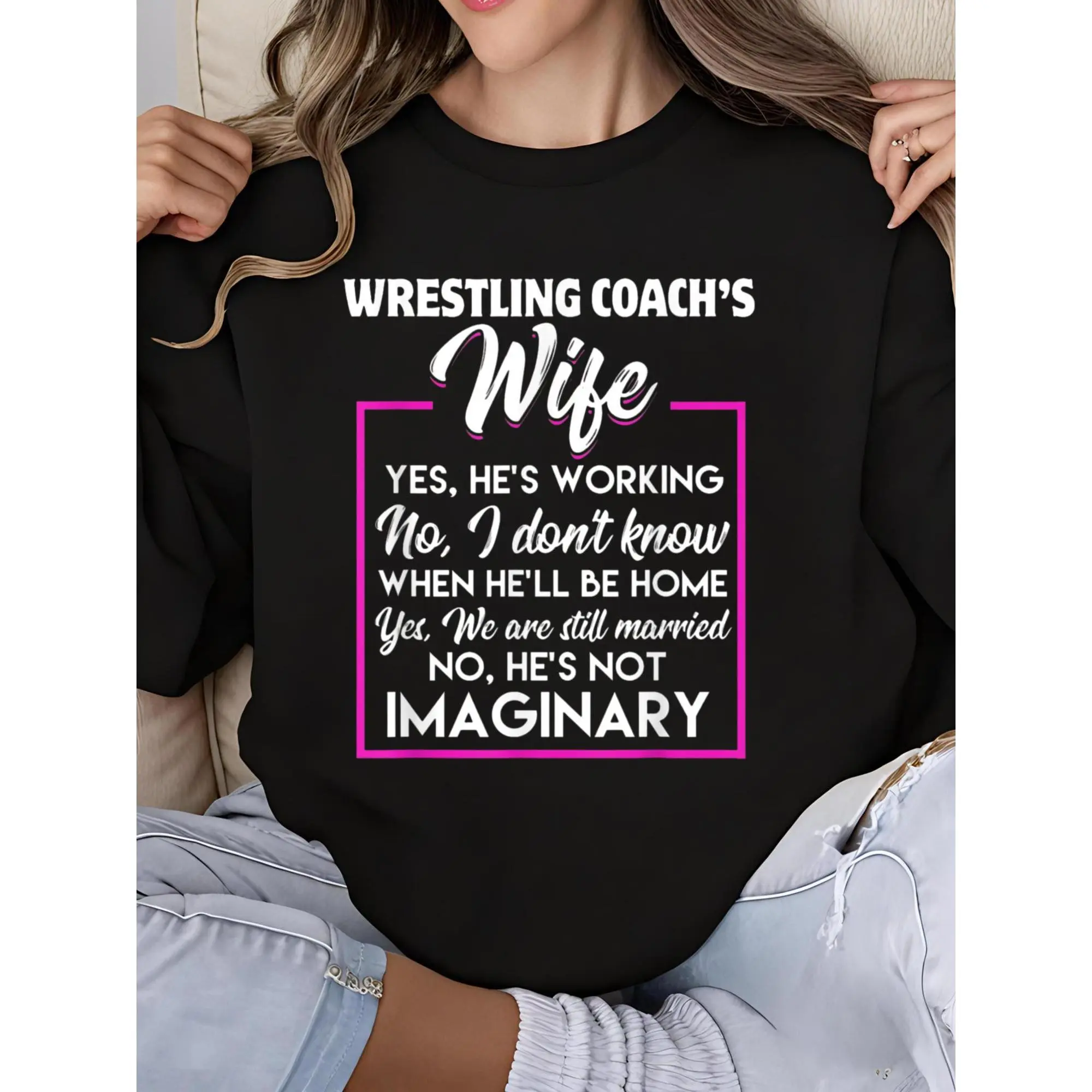 Funny Wrestling Coach's Wife Sarcastic Saying Sweatshirt Gift for Women - Black Crew Neck Long Sleeve Graphic Print Sweatshirt for Christmas Birthday Party