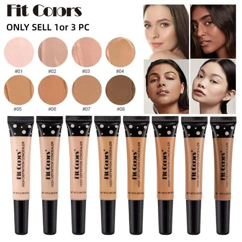 1PCS Fit Colors Liquid Concealer Tube, 8 Shades High Definition Concealer, Full Coverage, Long-Lasting Oil Control, Waterproof Smudge-Proof, Matte Finish, for Dark Circles Blemishes & Redness, Multi-Tone Concealer, Color Corrector, Face Concealer Makeup