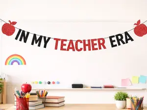 In My Teacher Era Banner, 7.4 ft Black and Red Glitter Banner with Apple Design, Graduation Party Decorations