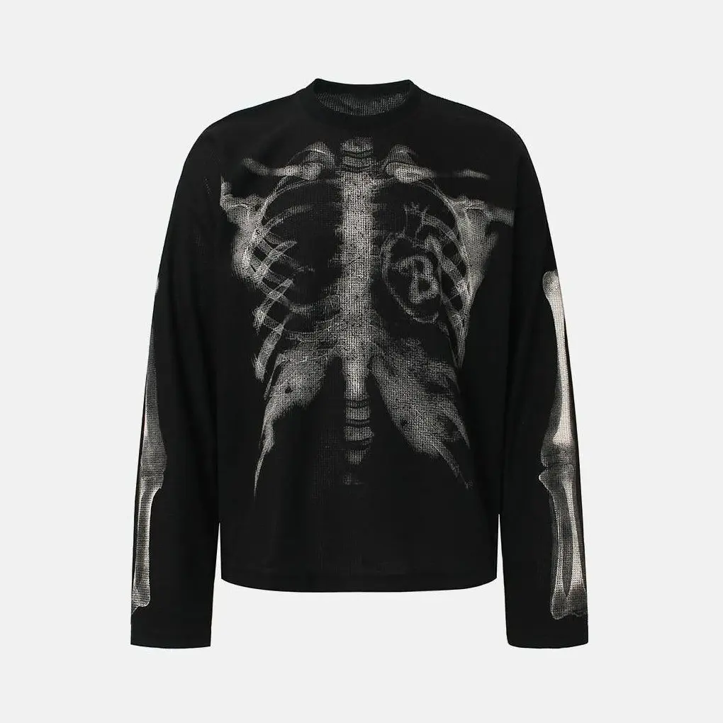inflation Men's Stylish Knitwear, Oversized Alternative Style Waffle Thermal Shirt with Skeleton Ribcage Graphic, Long, Casual, Streetwear, Waffle Knit, Cotton Blend