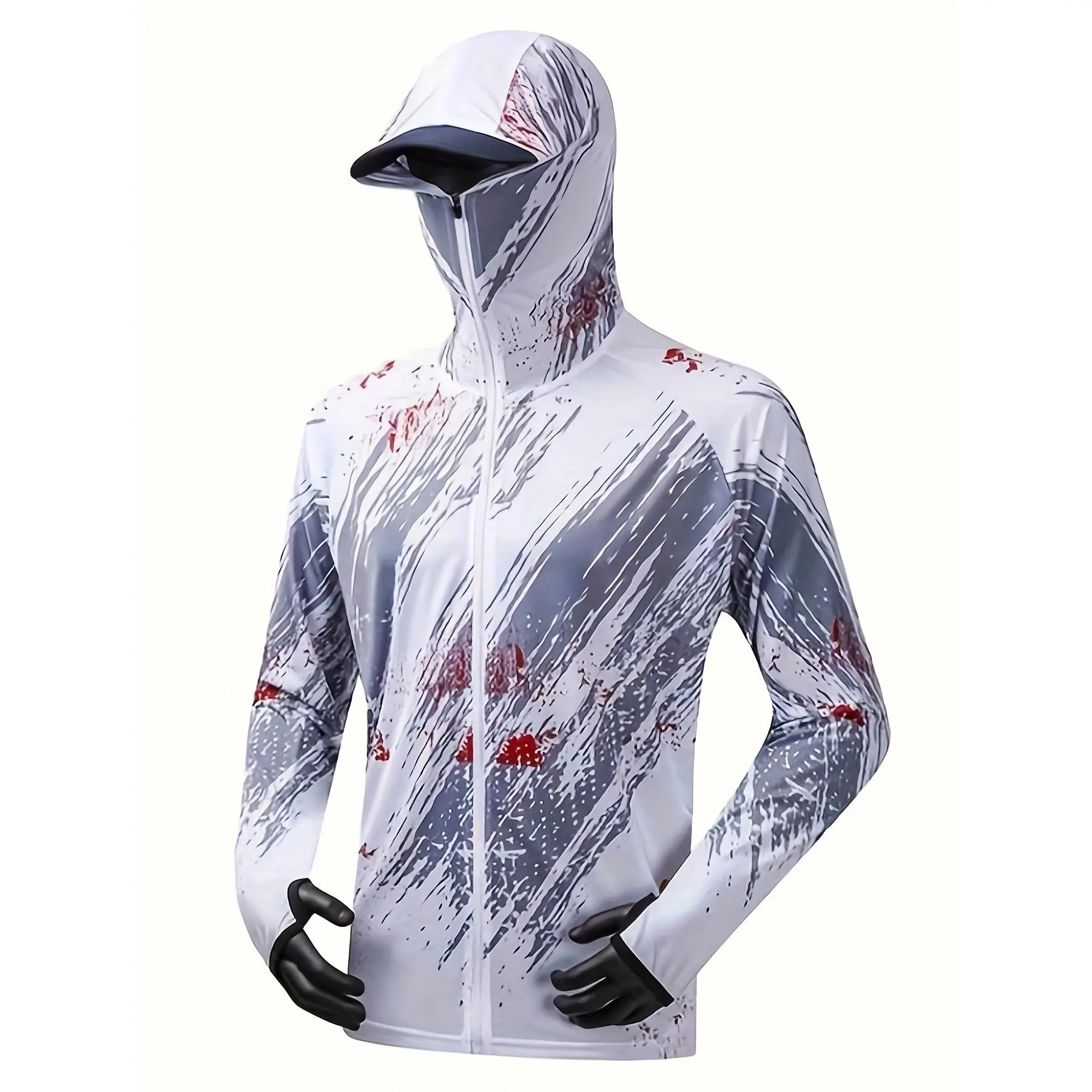 Men's High-Performance Fishing Jacket - Quick-Dry Breathable Polyester, Blue and White Geometric Pattern, with Zipper Pockets Outdoor Gear
