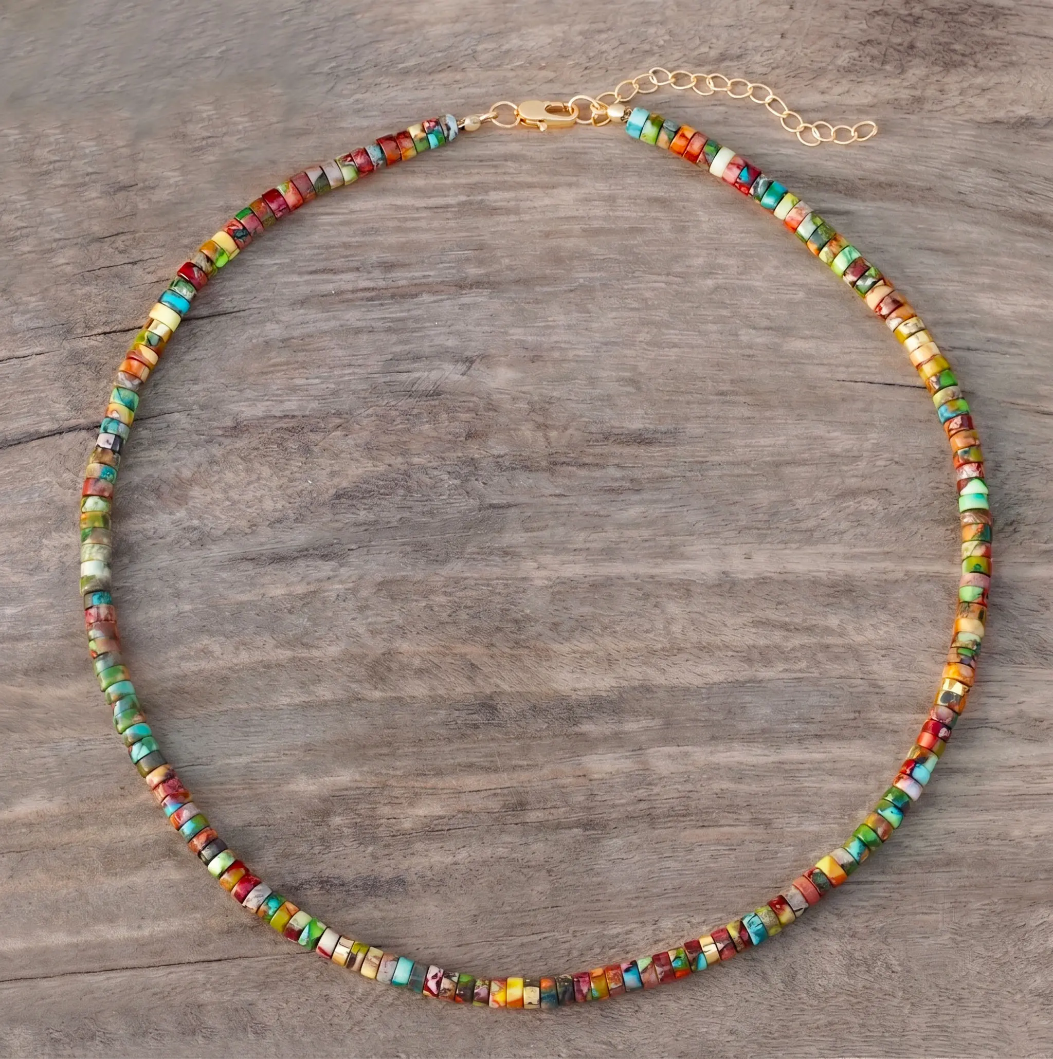 Natural Colorful Crystal Gemstone 4mm Tube Small Beaded Dainty Simple Sea Sediment Jasper Choker Necklace, Healing Protection Calming Necklace, Women Boho Style Layering Stackable Necklace, Christmas gift, Birthday gift, Gift for mother , Couples gift