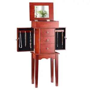 Jewelry Armoire – Standing Jewelry Cabinet with Full Length Mirror, Large Capacity Jewelry Organizer with 3 Drawers, Necklace Hooks Earring Slots Ring Tray, Lockable Wooden Jewelry Box for Bedroom Closet Apartment
