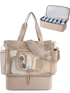 Women's Beach Bag with Zipper Closure, Multi-Pocket Design, Lightweight Foldable Handbag, Ideal for Sand Protection, Sunscreen & Daily Use